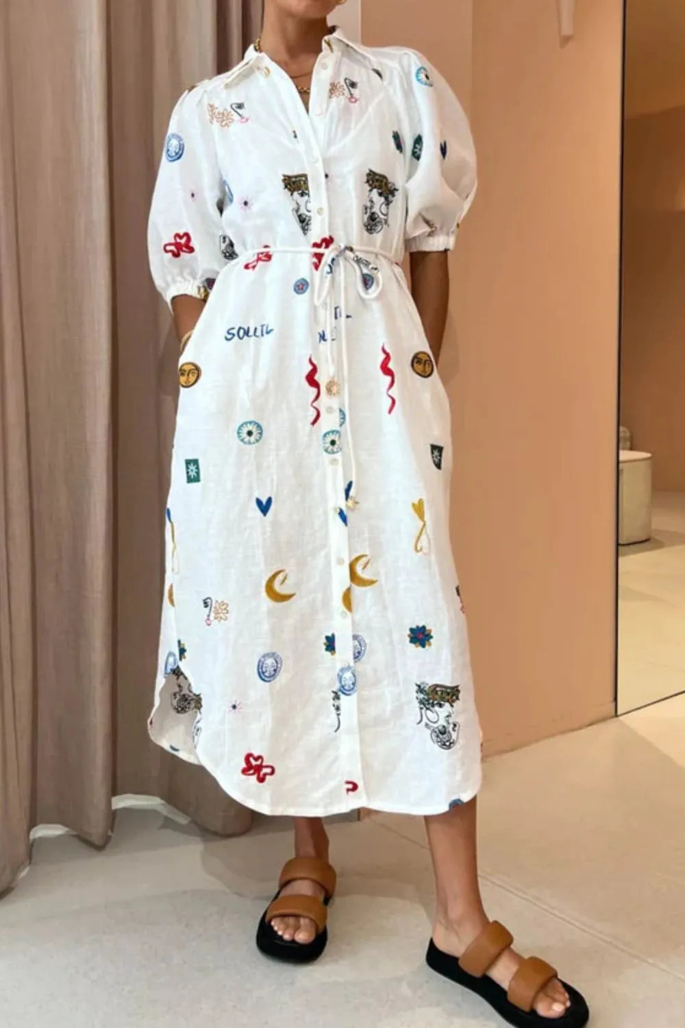 Printed Button-Up Midi Shirt Dress, image 4