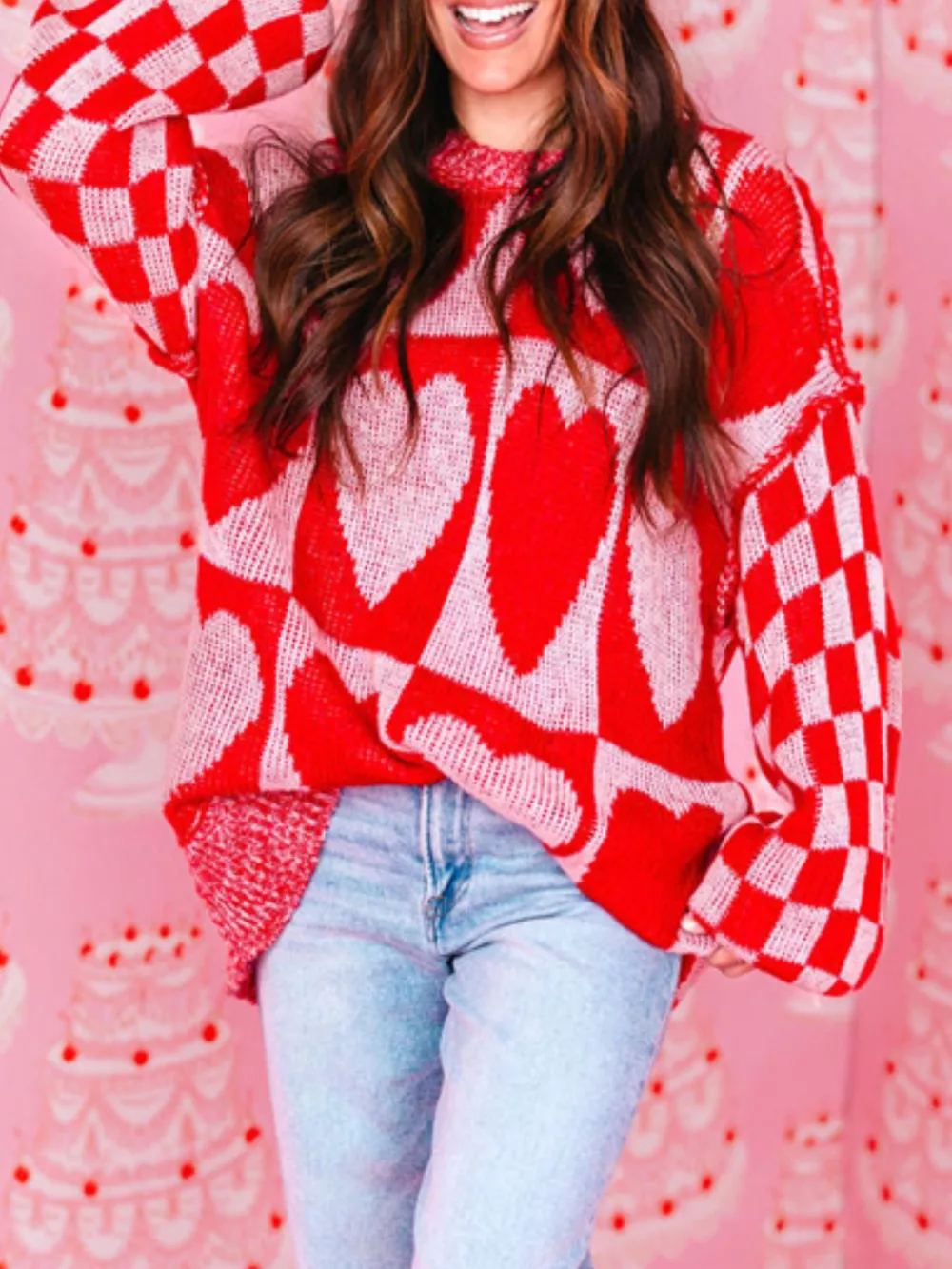Heart Pattern Checkerboard Knit Sweater, image 2
