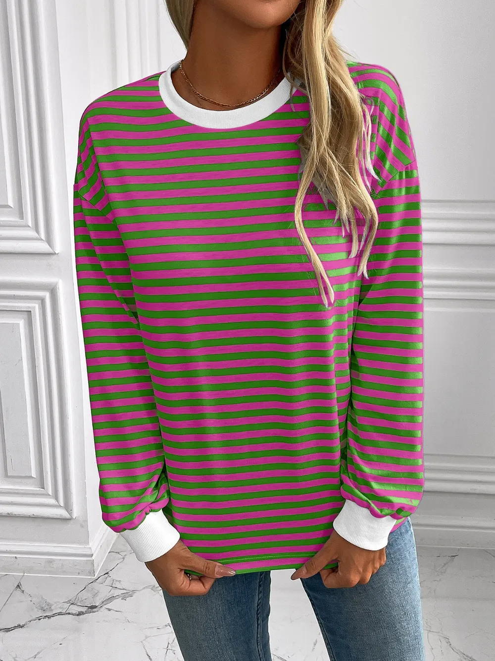 Striped Round Neck Long Sleeve Sweatshirt, image 13