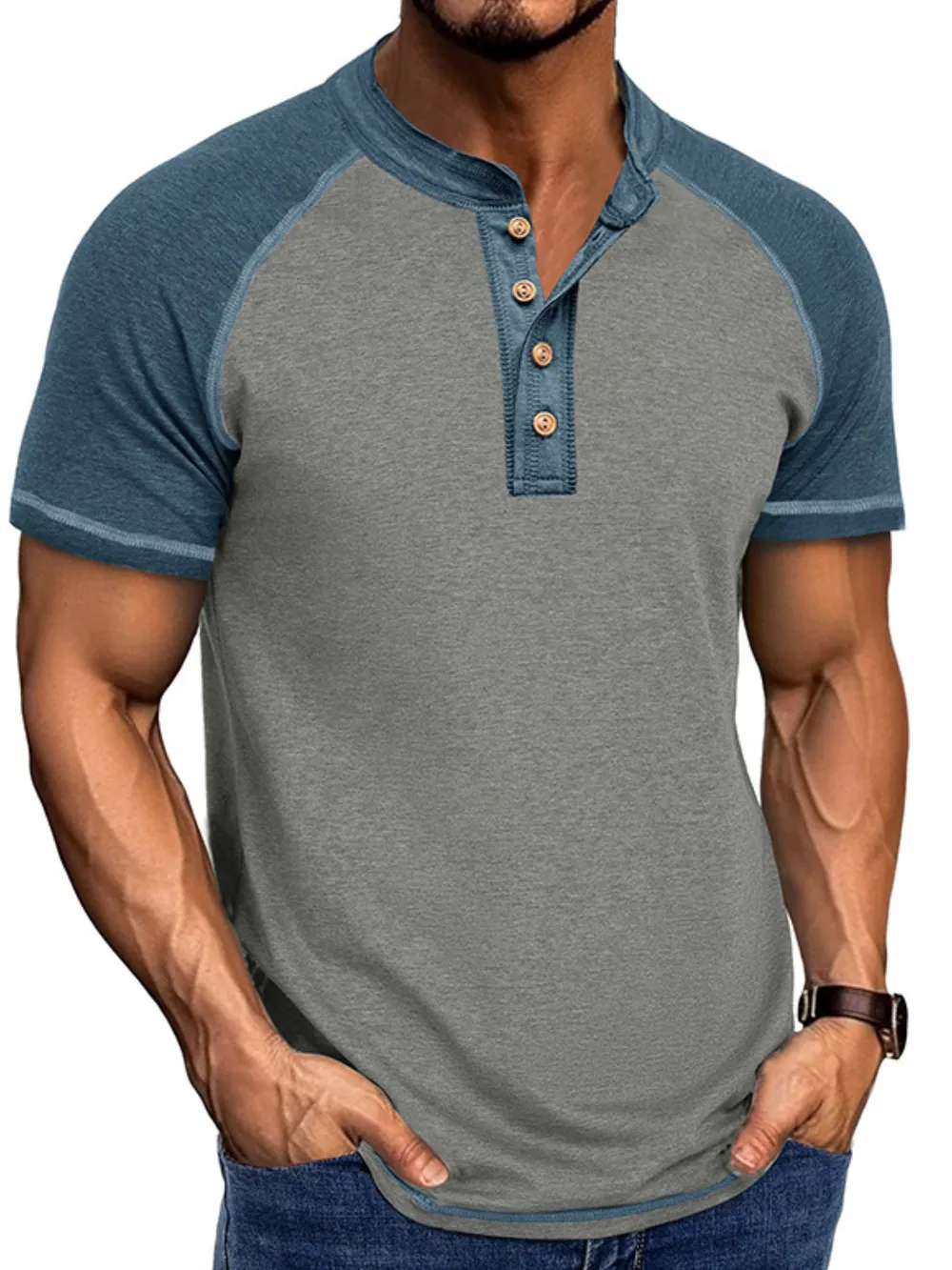 Men's Raglan Henley Color Block T-Shirt, image 11