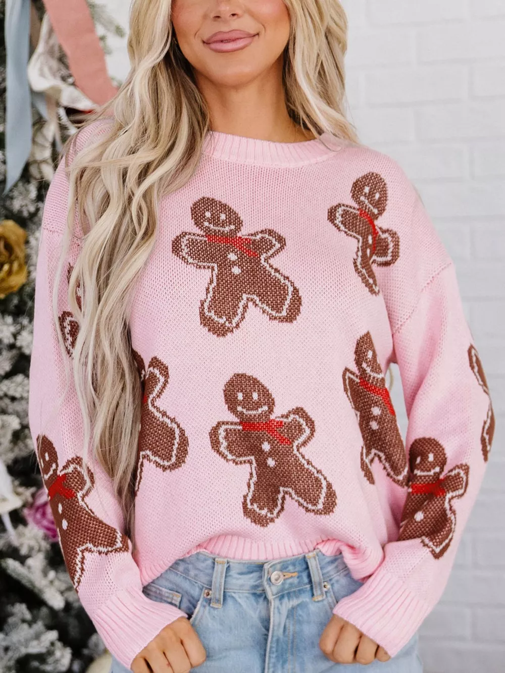 Gingerbread Pattern Round Neck Long Sleeve Shift Sweater, image 3