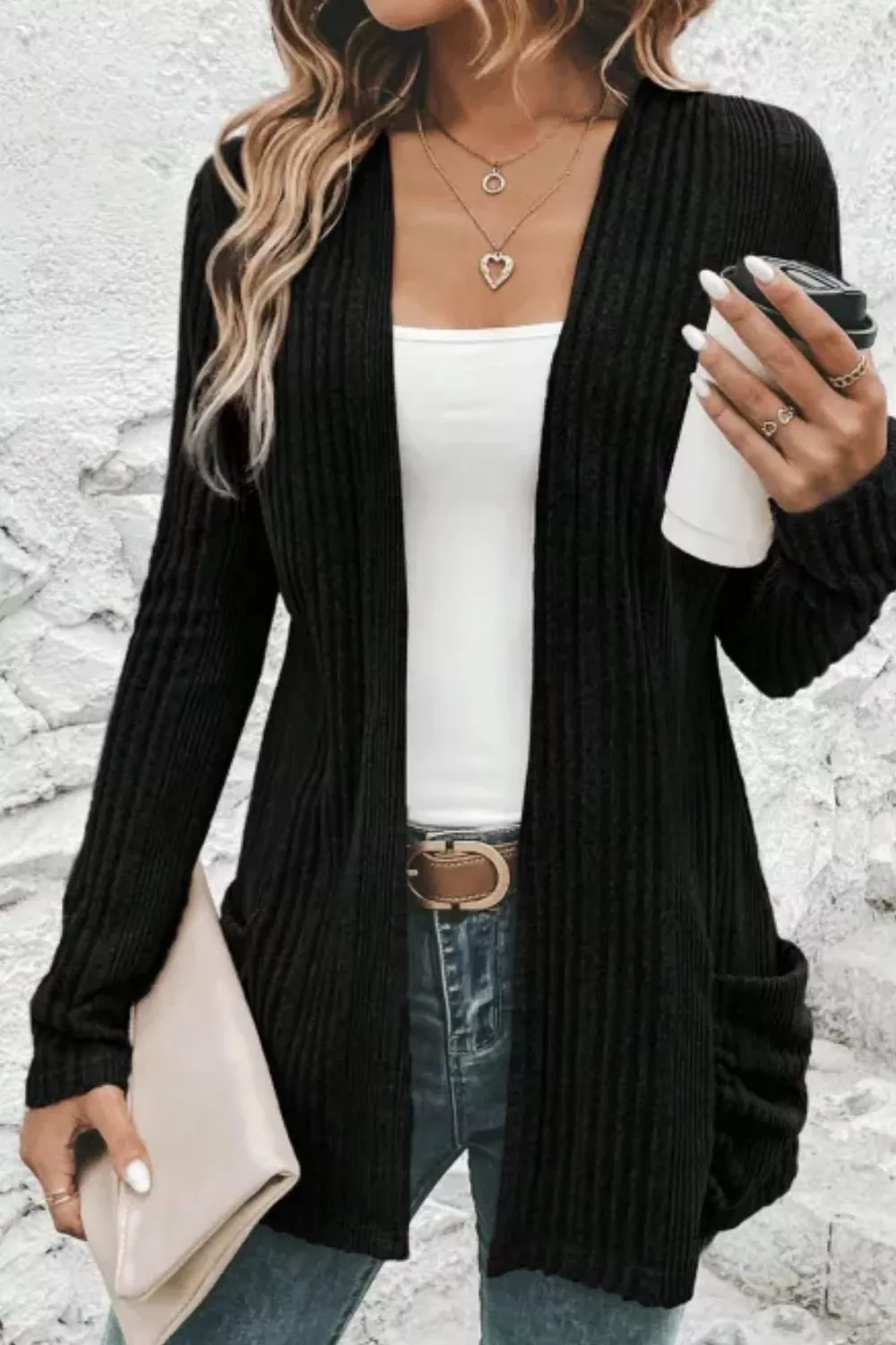 Ribbed Knit Open Front Cardigan with Pockets, image 7