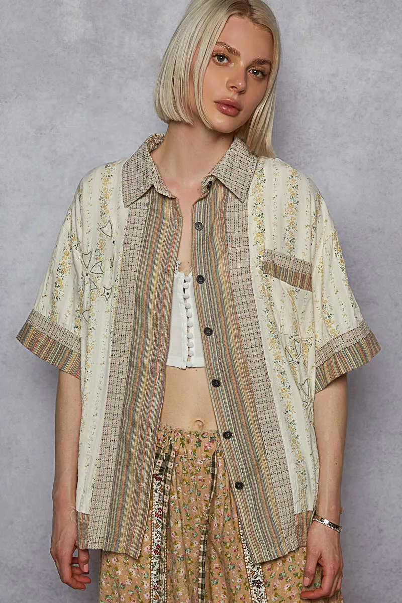Printed Button Down Patchwork Short Sleeve Shirt