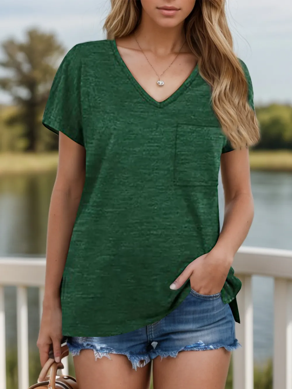 Pocketed Heathered V-Neck Short Sleeve T-Shirt, image 6