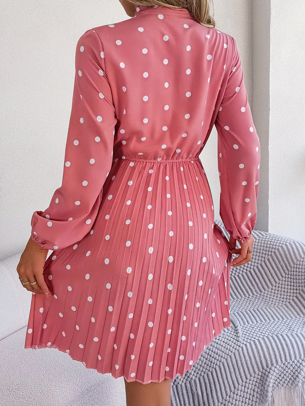 Polka Dot Tie Neck Pleated Dress, image 3