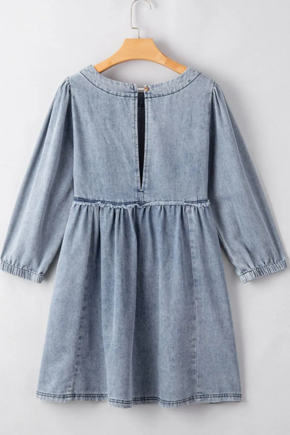 Cutout Round Neck Balloon Sleeve Denim Dress, image 6
