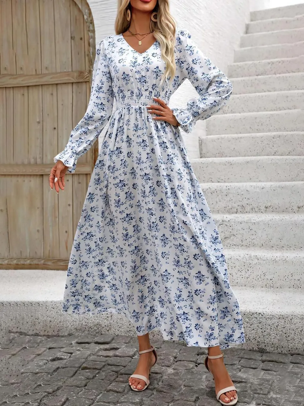 Smocked Printed V-Neck Flounce Sleeve Dress, image 13