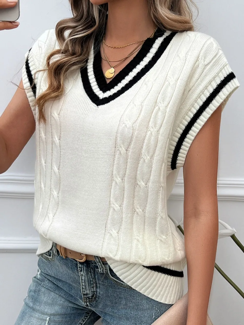 Cable-Knit V-Neck Sweater Vest, image 4