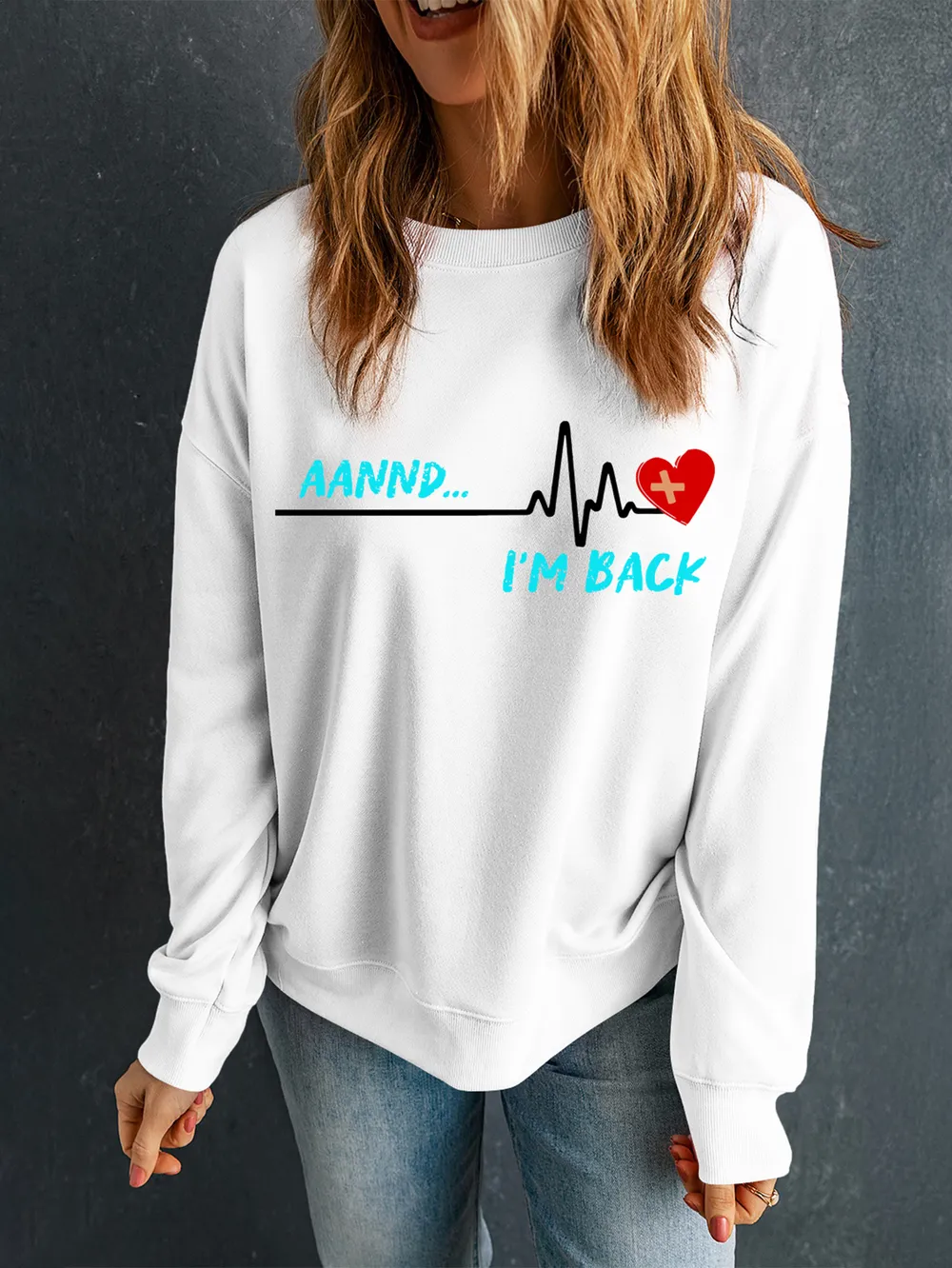 Graphic Round Neck Long Sleeve Sweatshirt, image 2