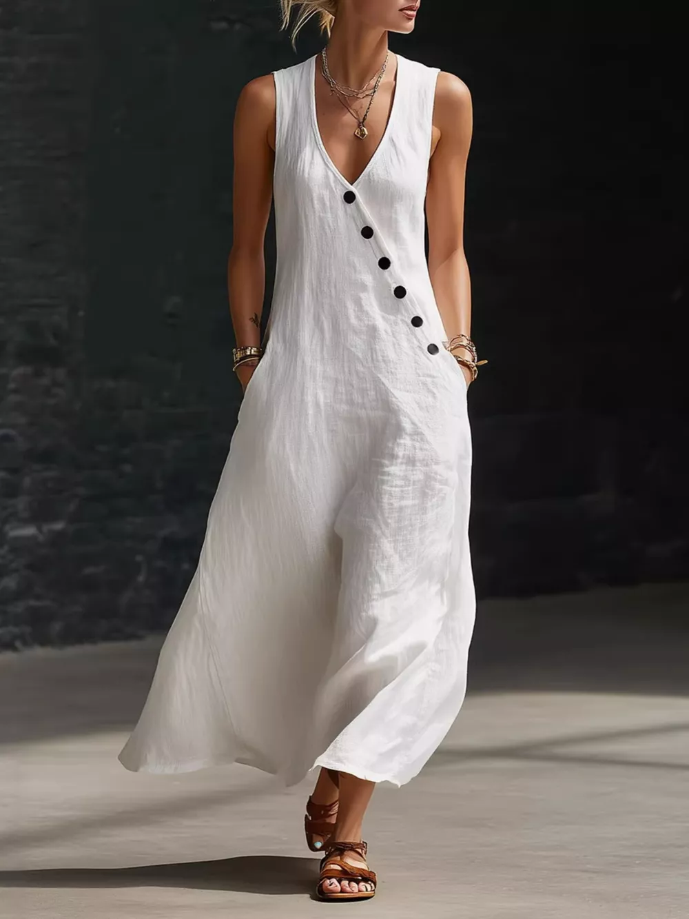Sleeveless Button-Down Midi Dress, image 2