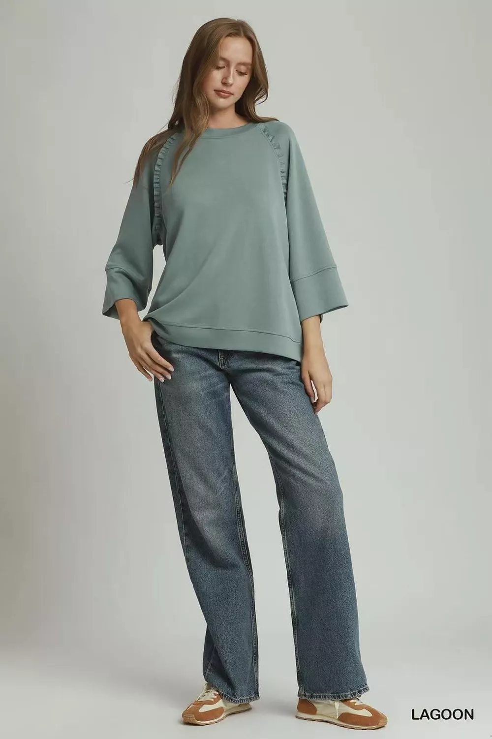 Ruffle Trim 3/4 Raglan Sleeve Top, image 5