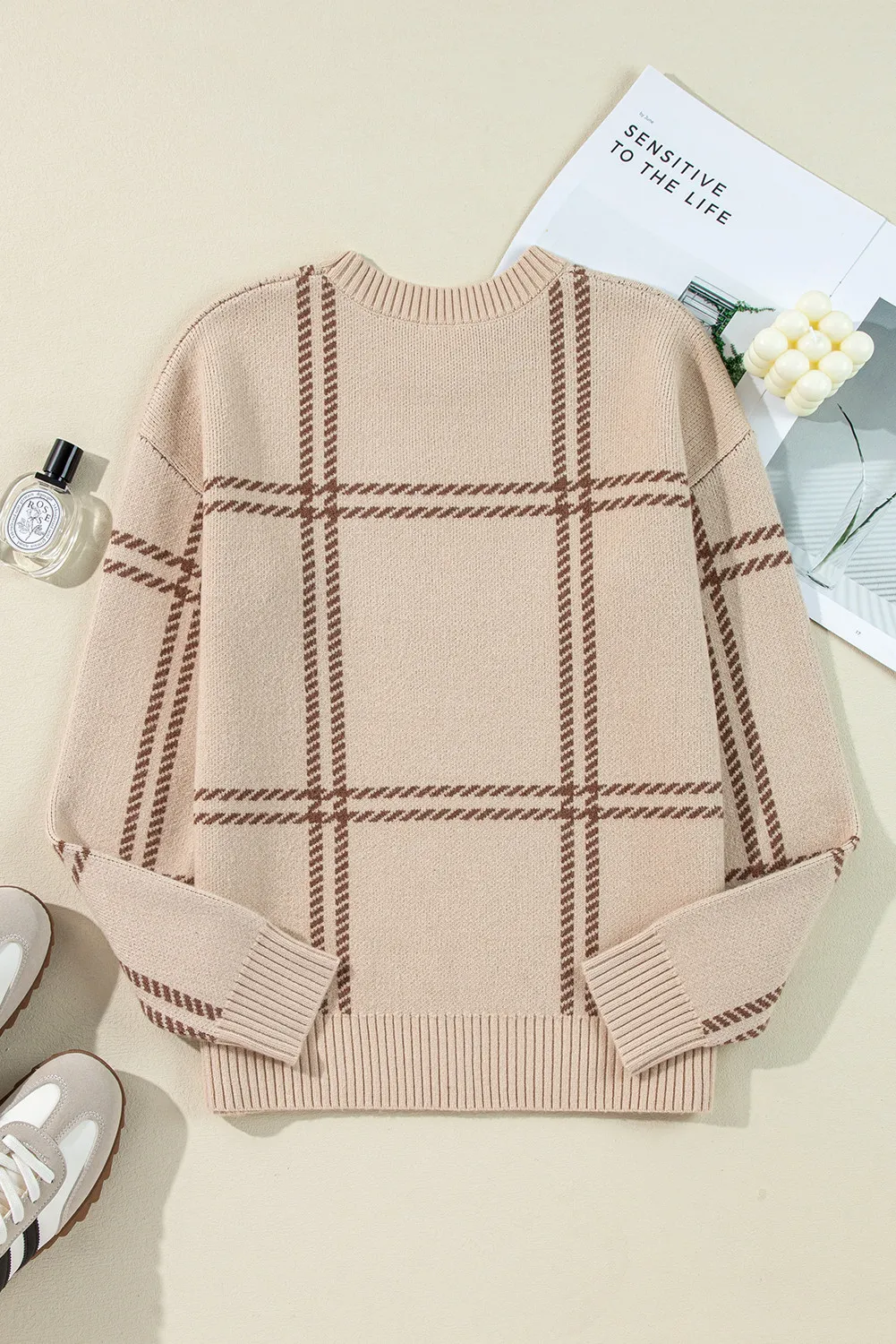 Plaid Round Neck Dropped Shoulder Sweater, image 4