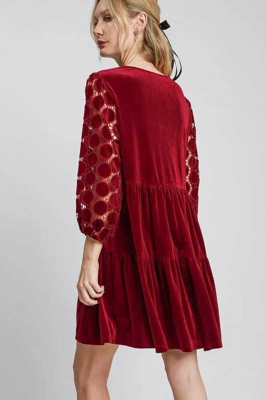 Dotted Lace Sleeve Tiered Velvet Mini Dress, image 2