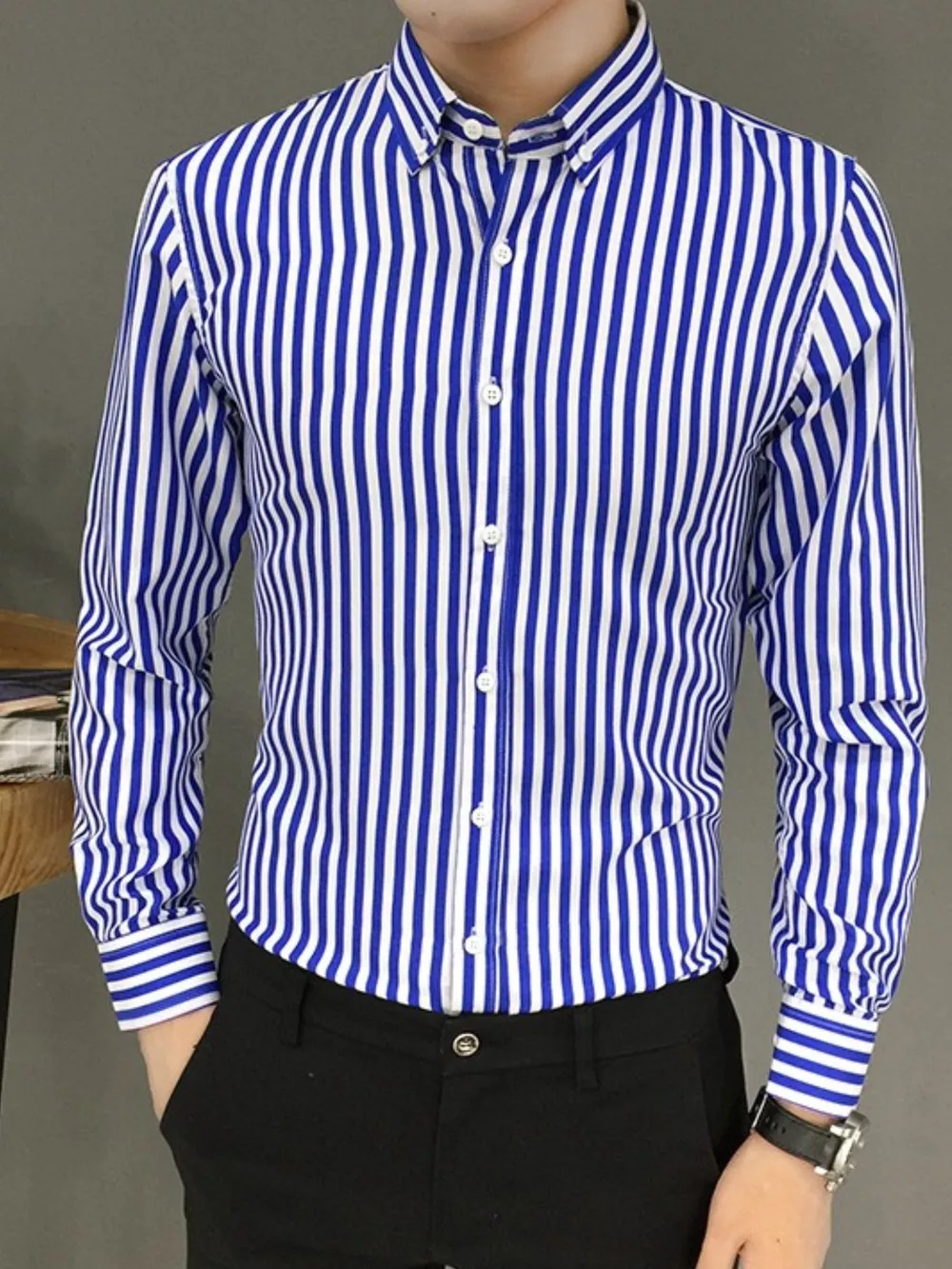 Men's Plus Size Striped Button Up Long Sleeve Shirt, image 6