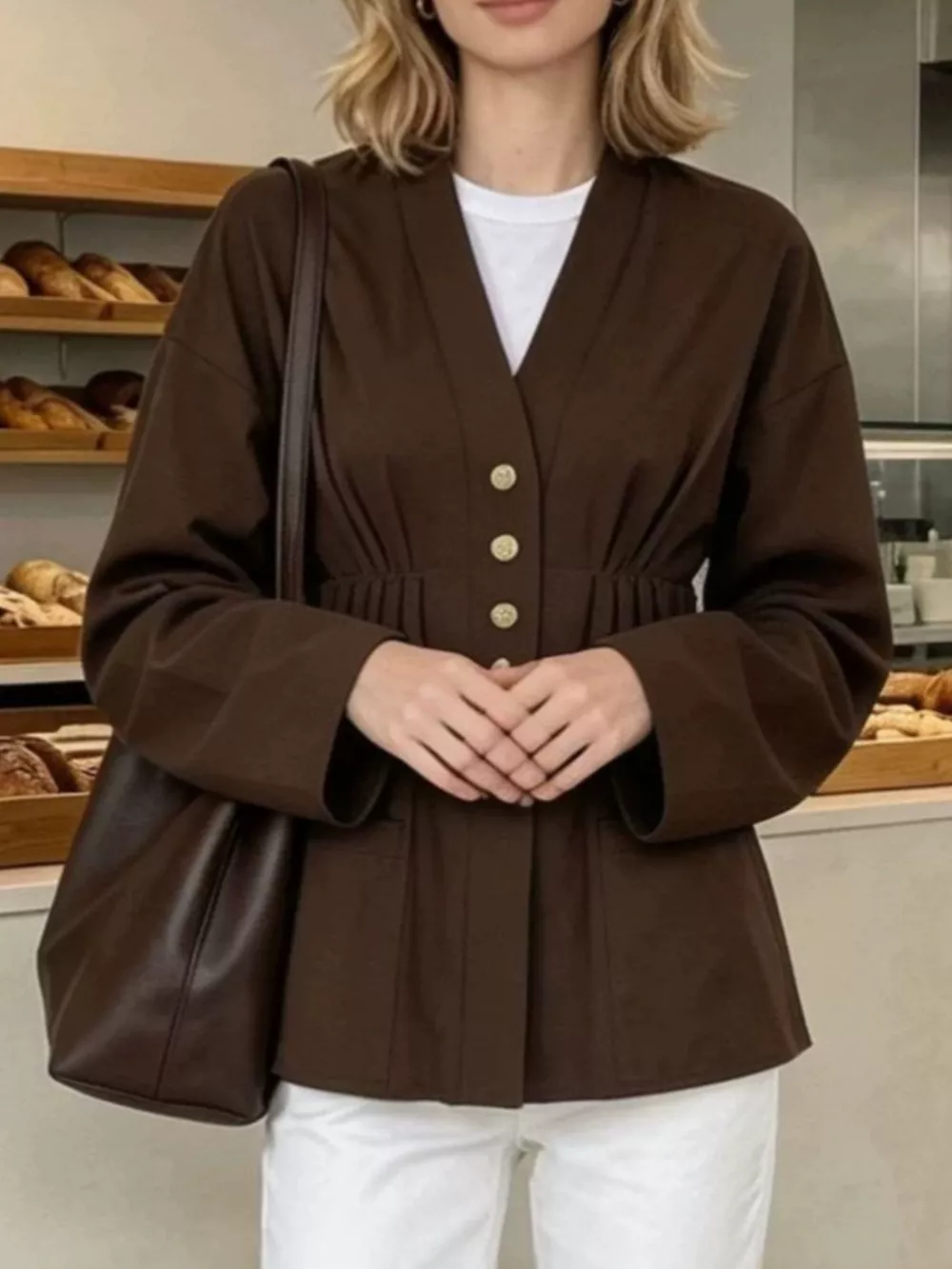 Pleated Waist Blouse with Button Detail, image 2
