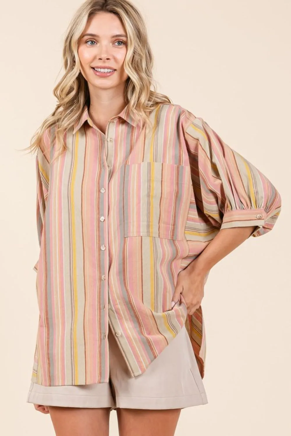 Striped Bubble Sleeve Button Down Shirt, image 8