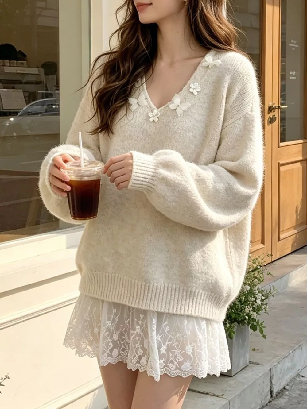 V-Neck Floral Applique Lace Hem Sweater, image 9