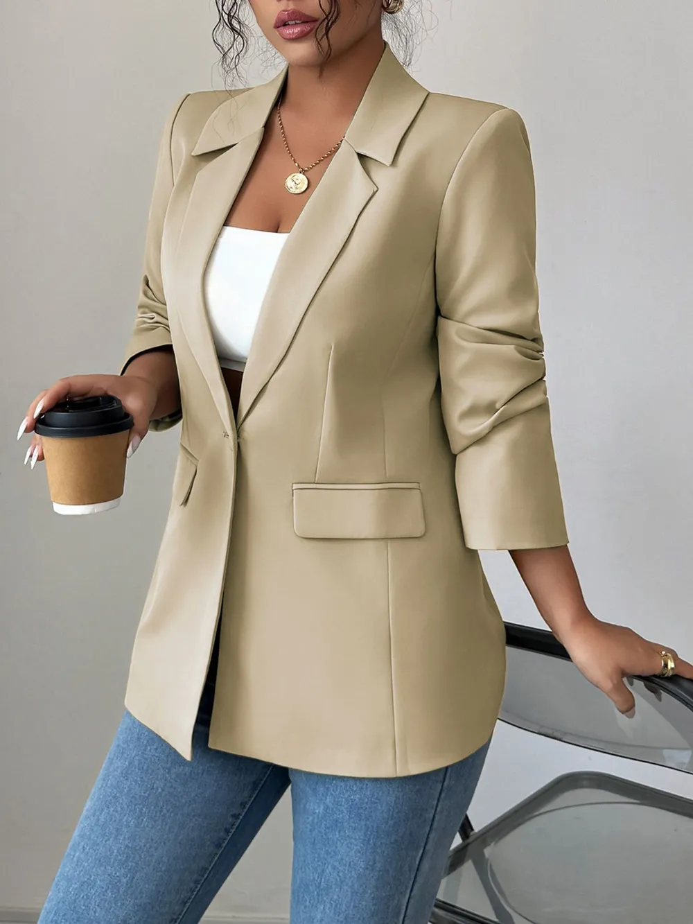 One Button Lapel Collar Blazer, image 3