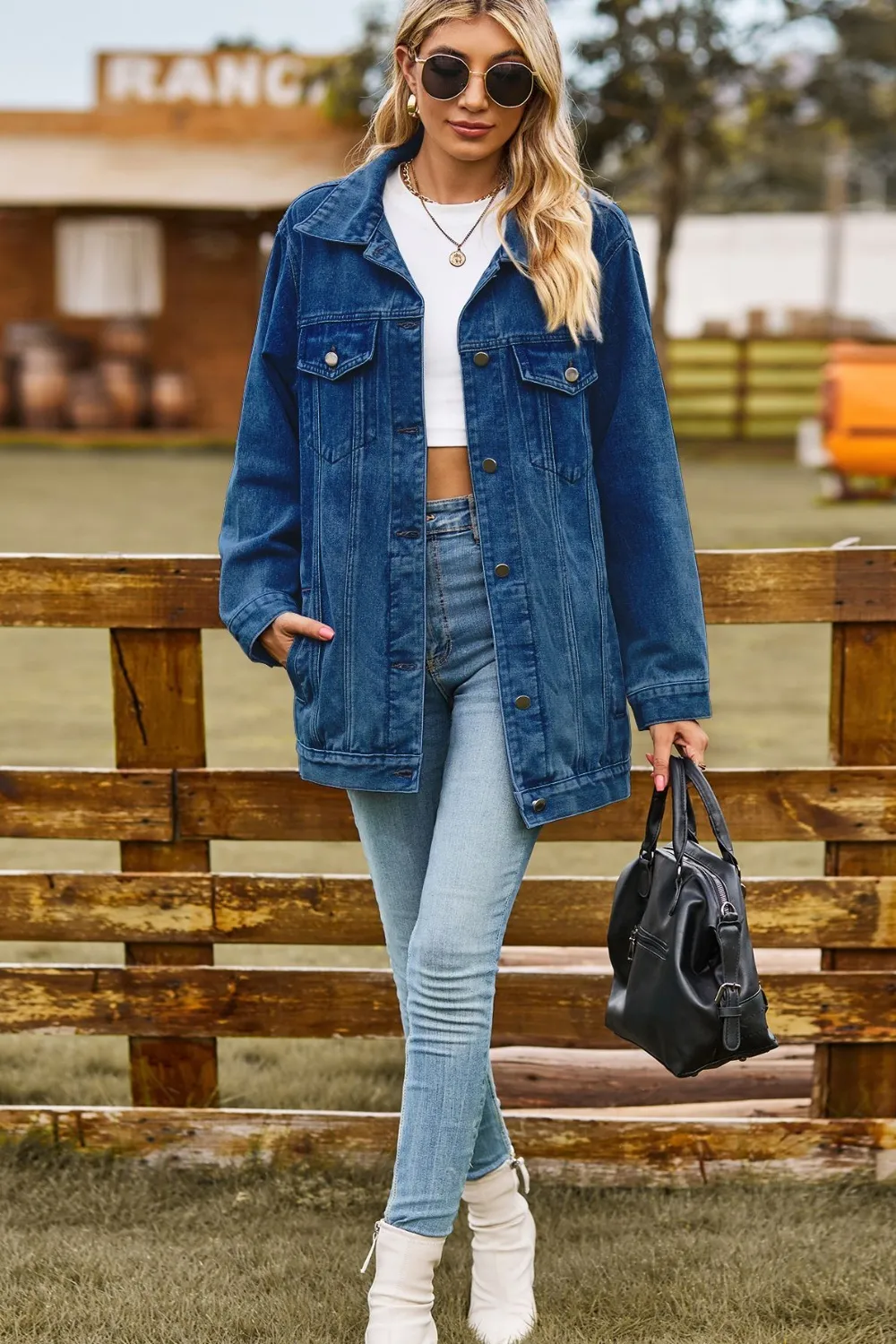 Buttoned Collared Neck Denim Jacket with Pockets, image 5