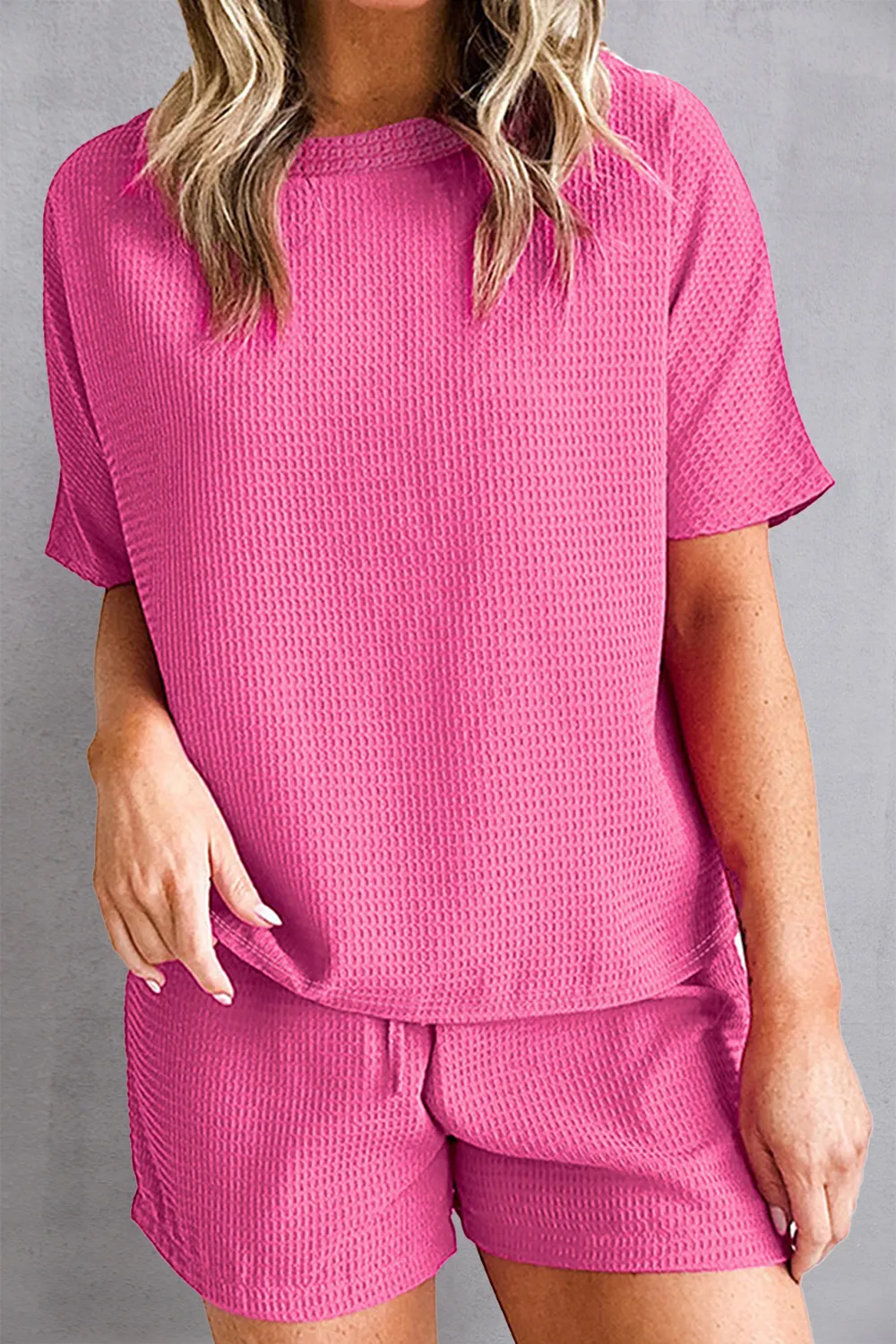 Waffle-Knit Round Neck Top and Shorts Set, image 3