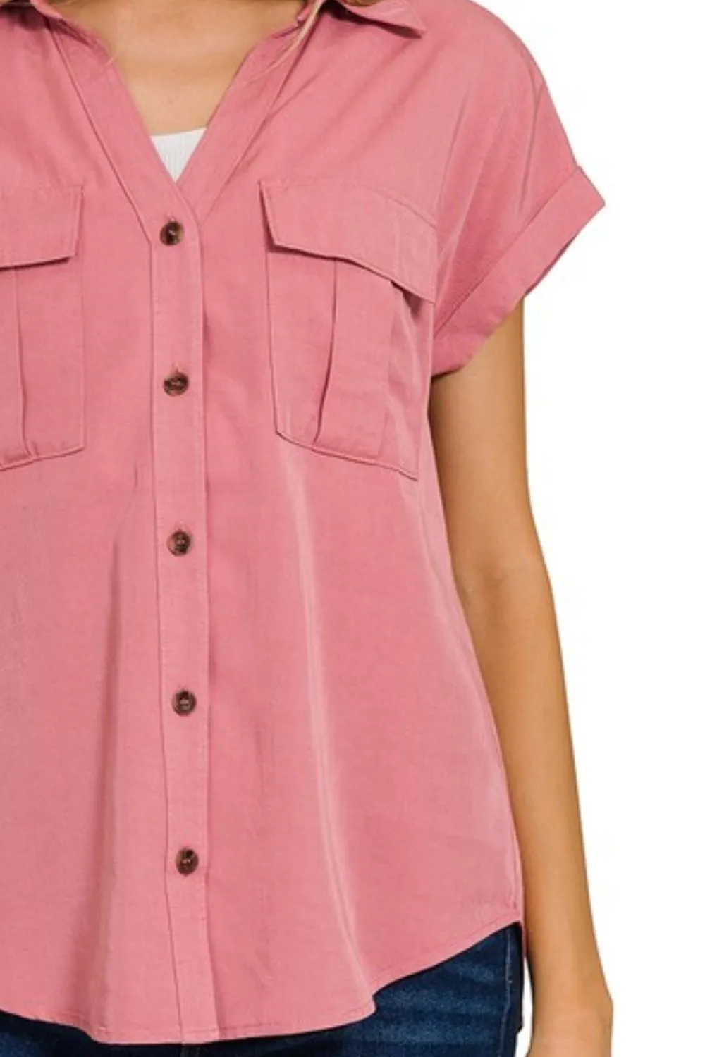 Tencel V-neck Collared Top W Front Flap Pockets, image 3
