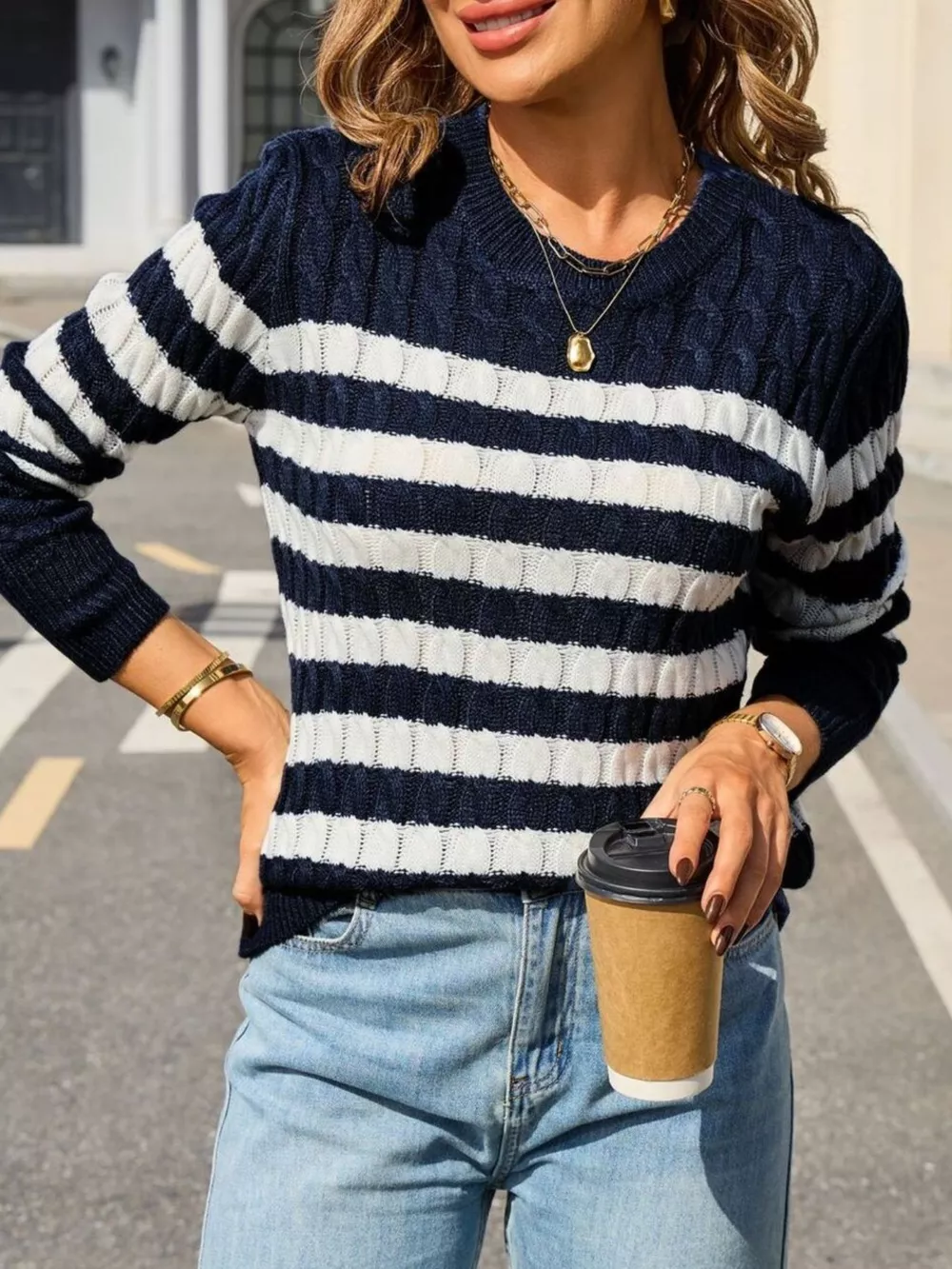 Striped Cable Knit Round Neck Sweater, image 8