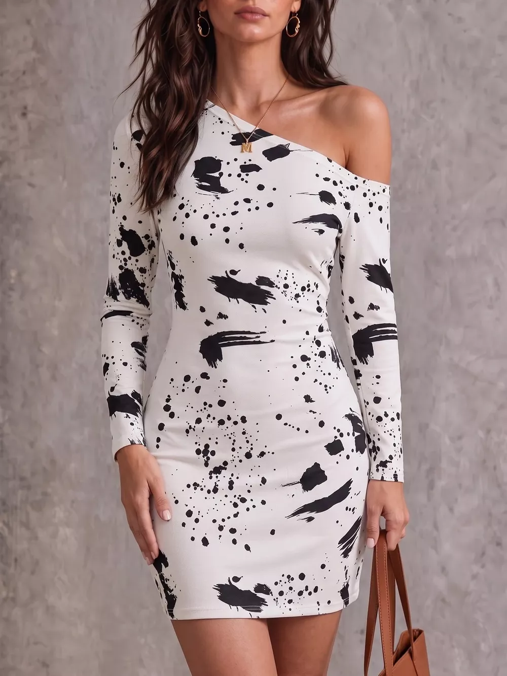 One-Shoulder Long Sleeve Paint Splatter Bodycon Mini Dress, image 8