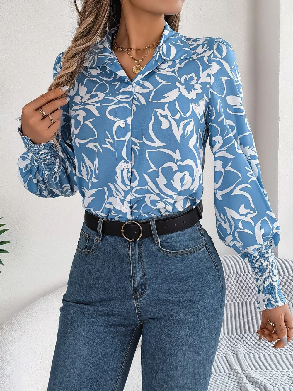 Printed Collared Neck Lantern Sleeve Shirt, image 5