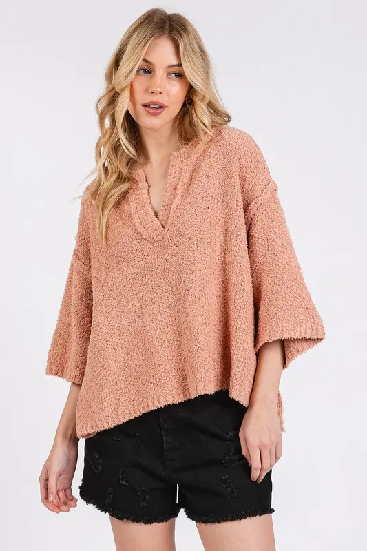 Side Slit Notched Drop Shoulder Sweater, image 2