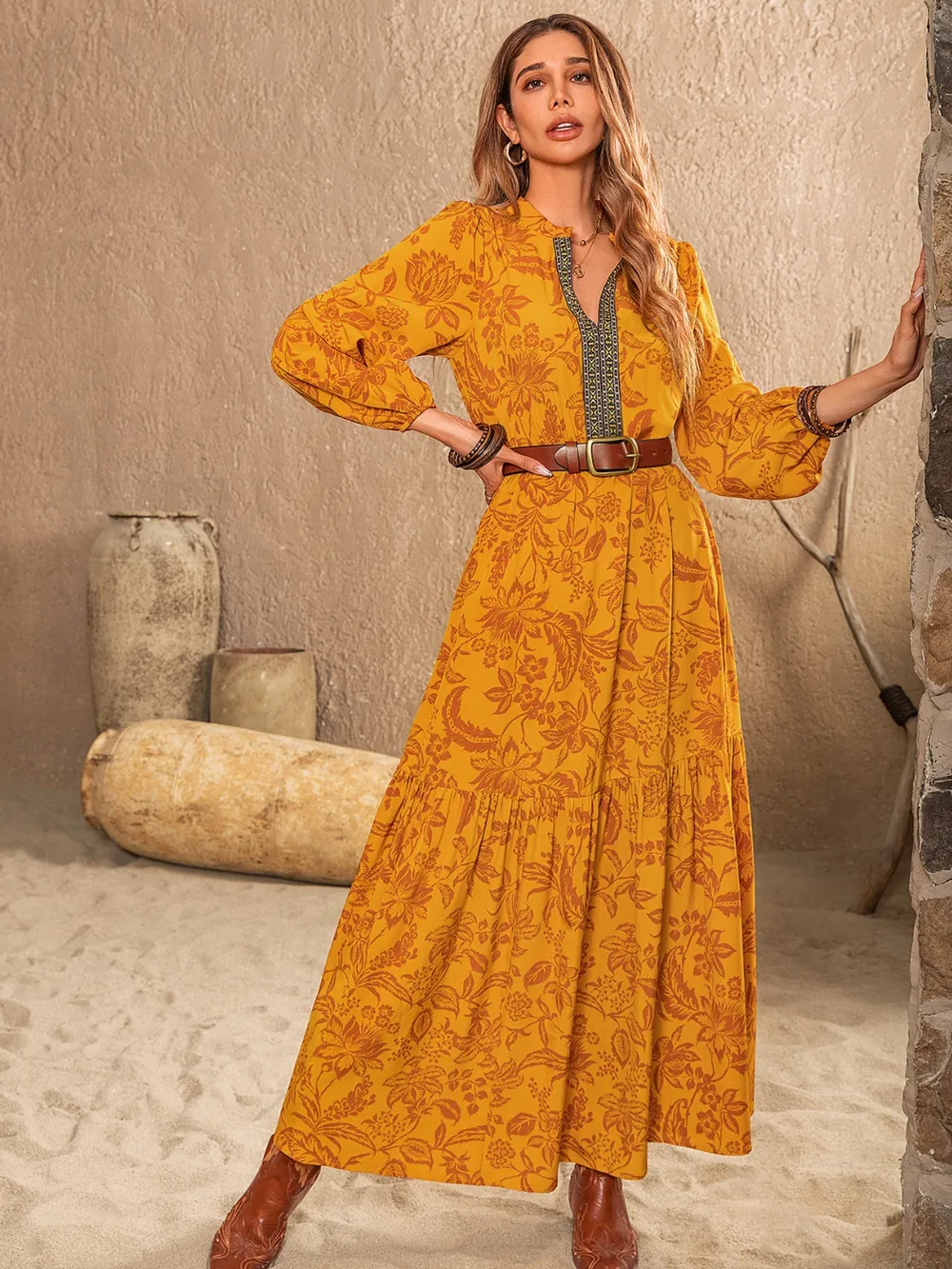 Printed Notched Balloon Sleeve Dress, image 4