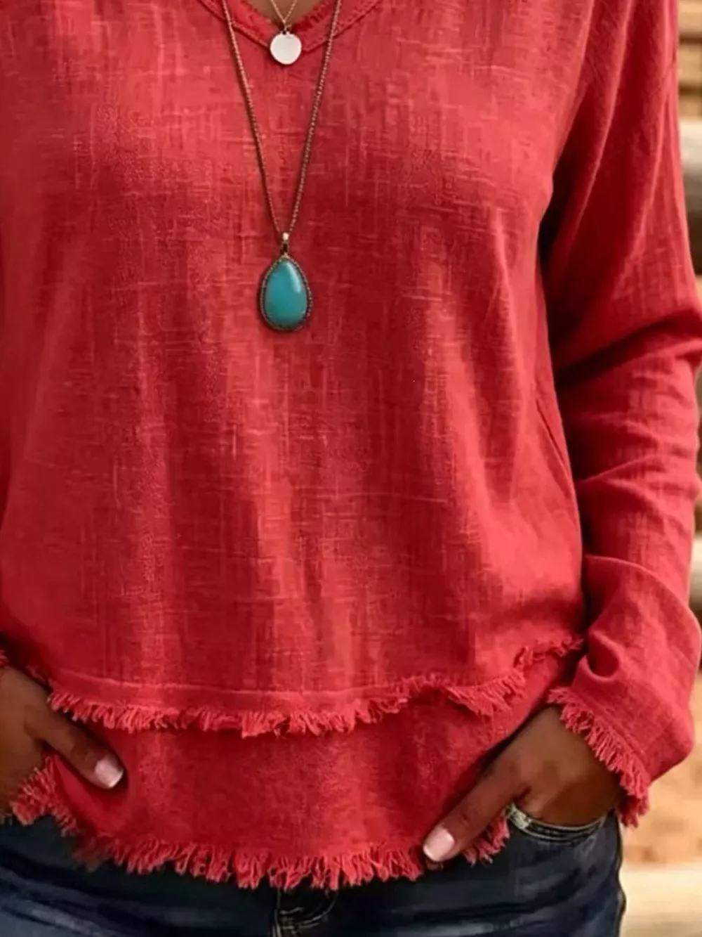 V-Neck Frayed Hem Long Sleeve T-Shirt, image 18
