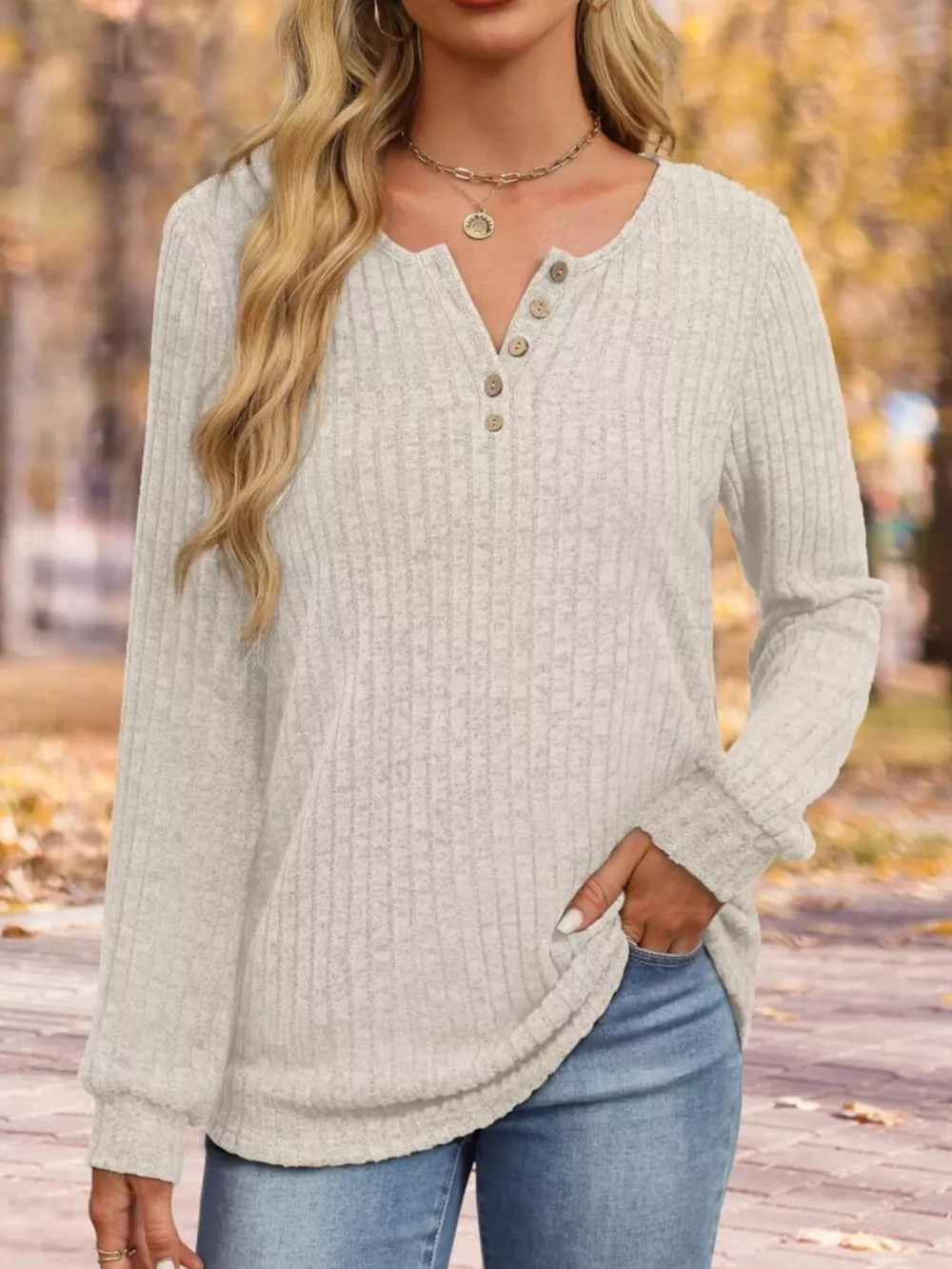 Ribbed Knit Button-Front Long Sleeve T-Shirt, image 23