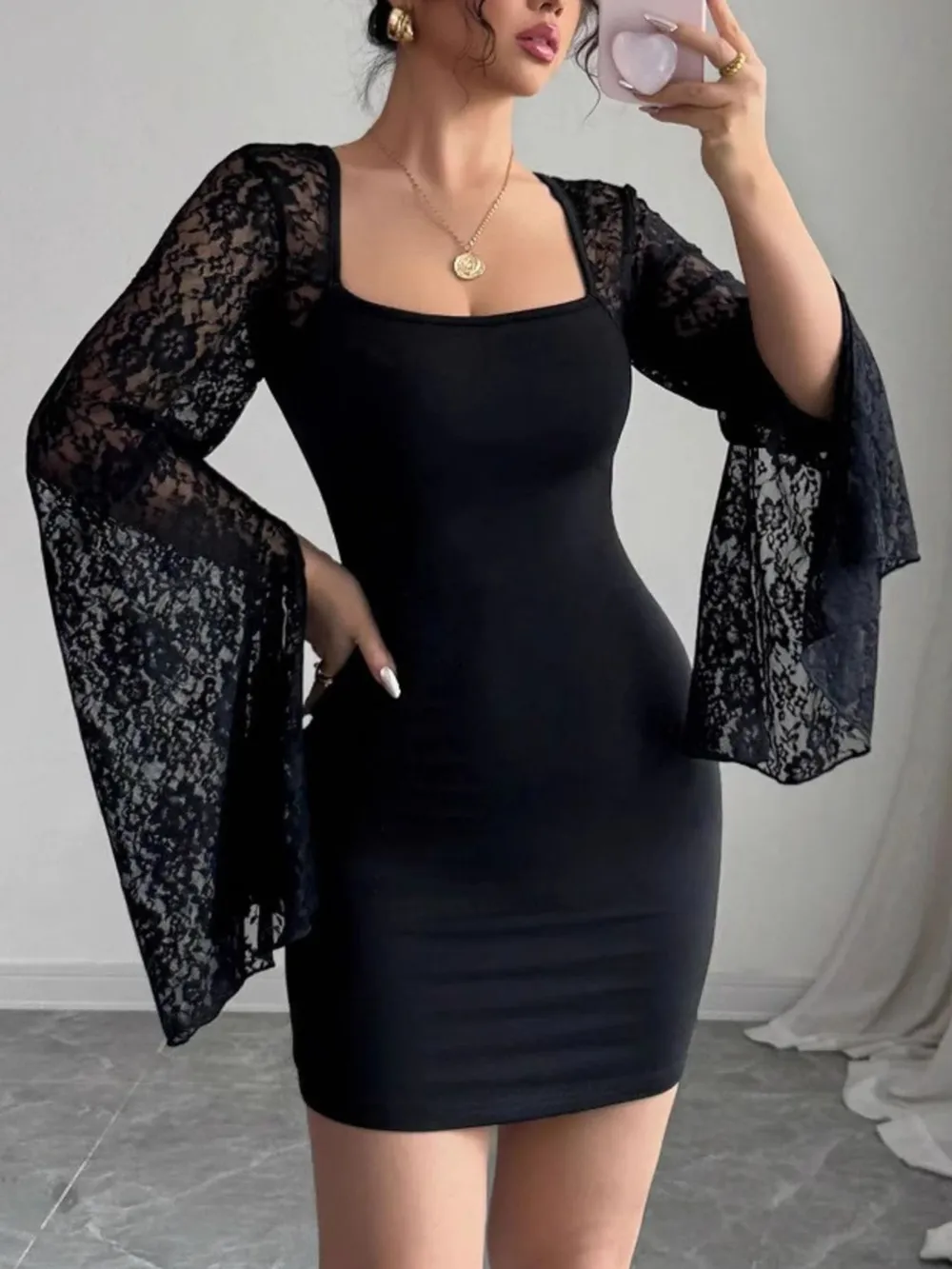 Square Neck Lace Bell Sleeve Bodycon Dress, image 2