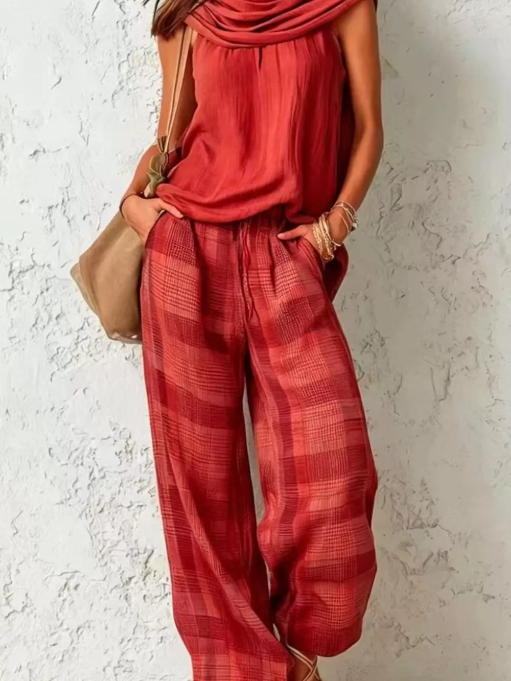 Full Size Sleeveless Cowl Neck Top and Plaid Wide-Leg Pant Two-Piece Set Plus Size, image 8