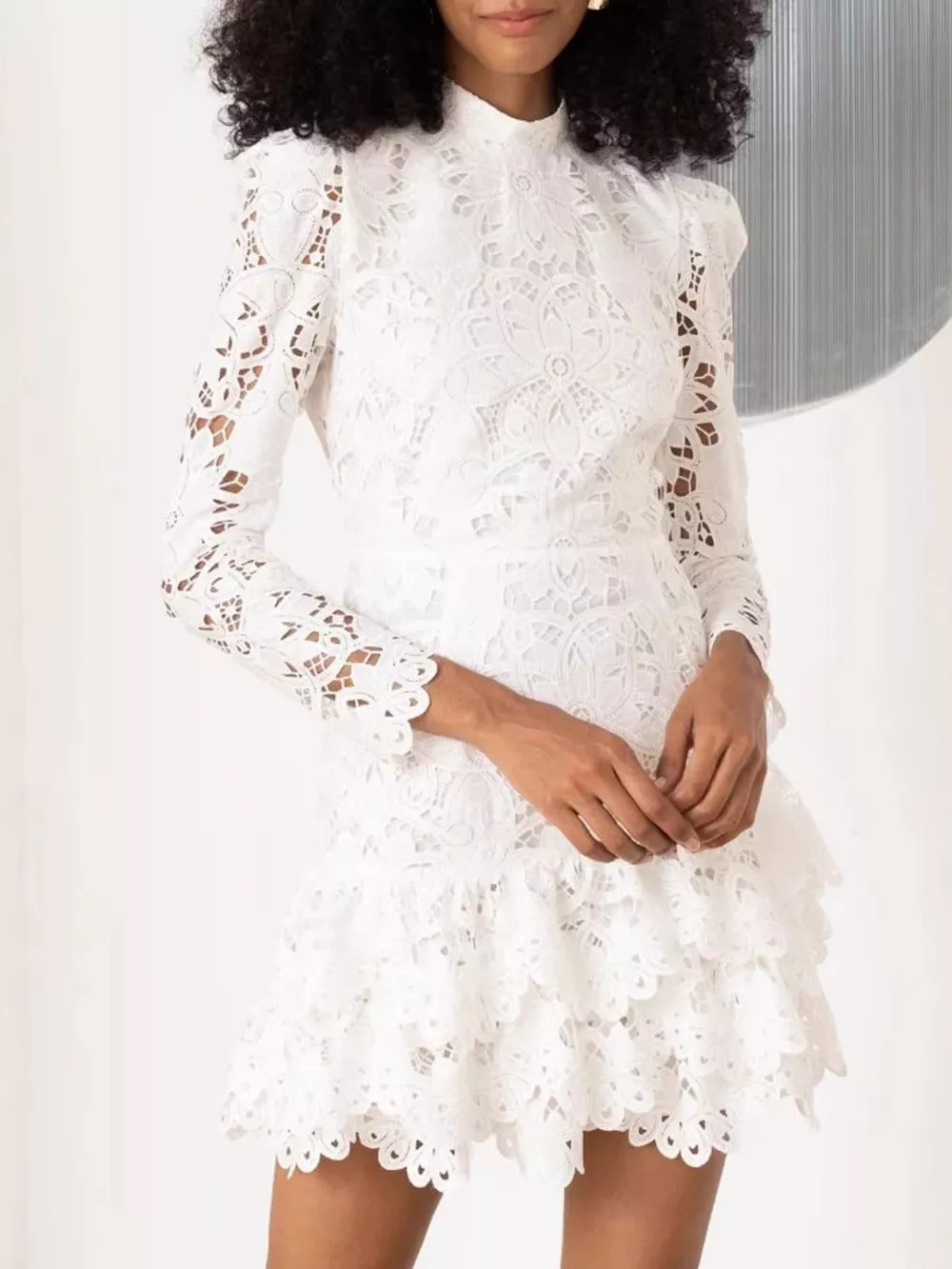 Lace Mock Neck Long Sleeve Mini Dress, image 8