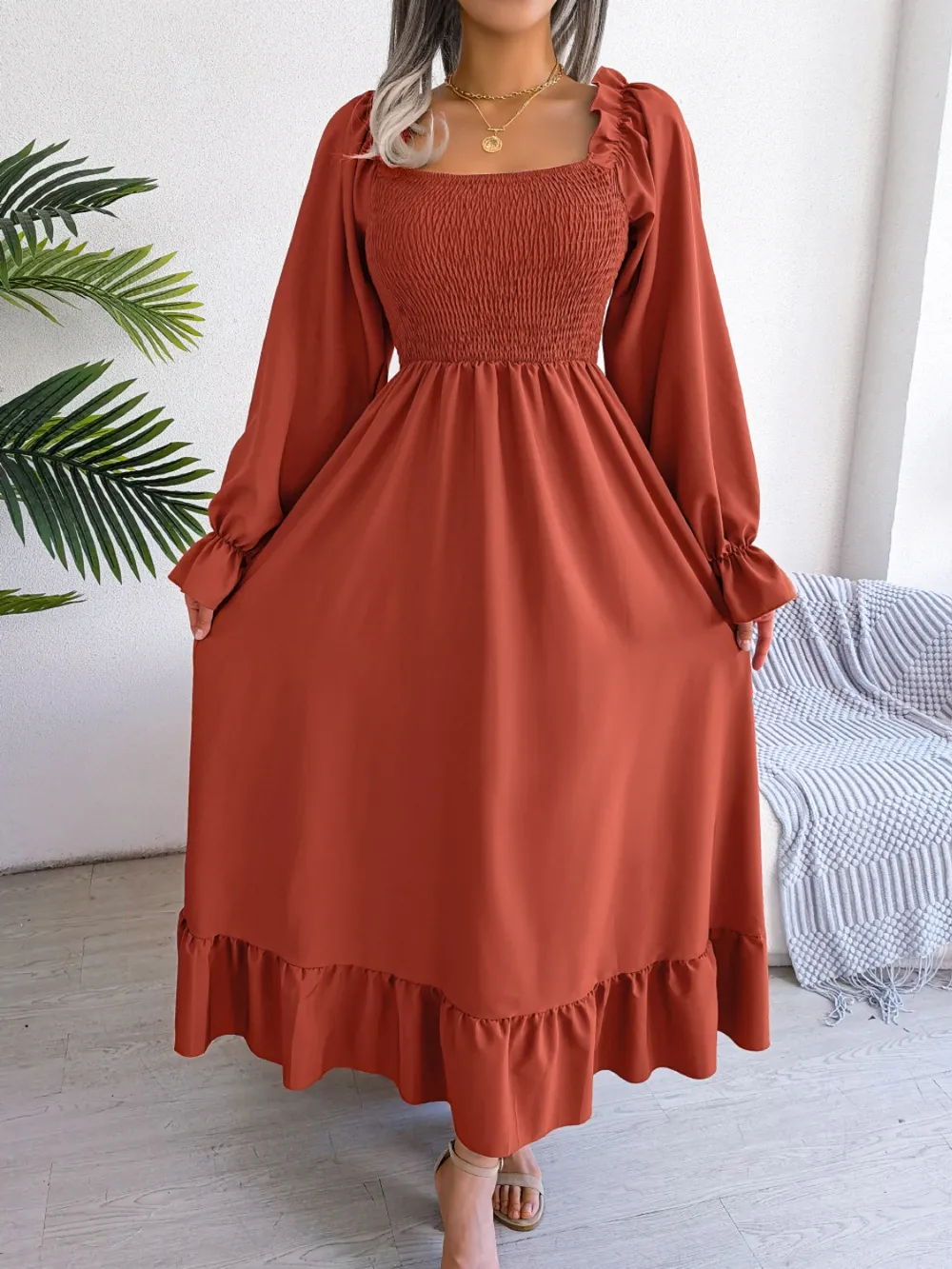 Smocked Square Neck Flounce Sleeve Dress, image 17