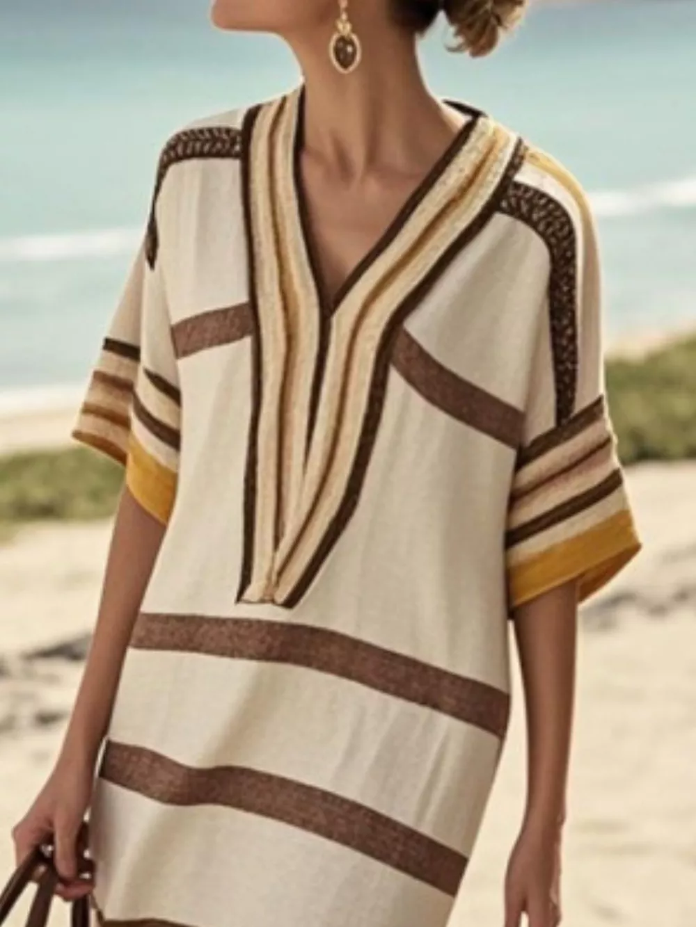Full Size Striped Half Sleeve Midi Dress Plus Size, image 17