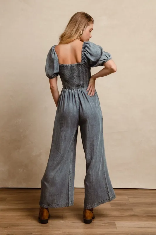 Smocked Washed Puff Sleeve Square Neck Denim Jumpsuit, image 5
