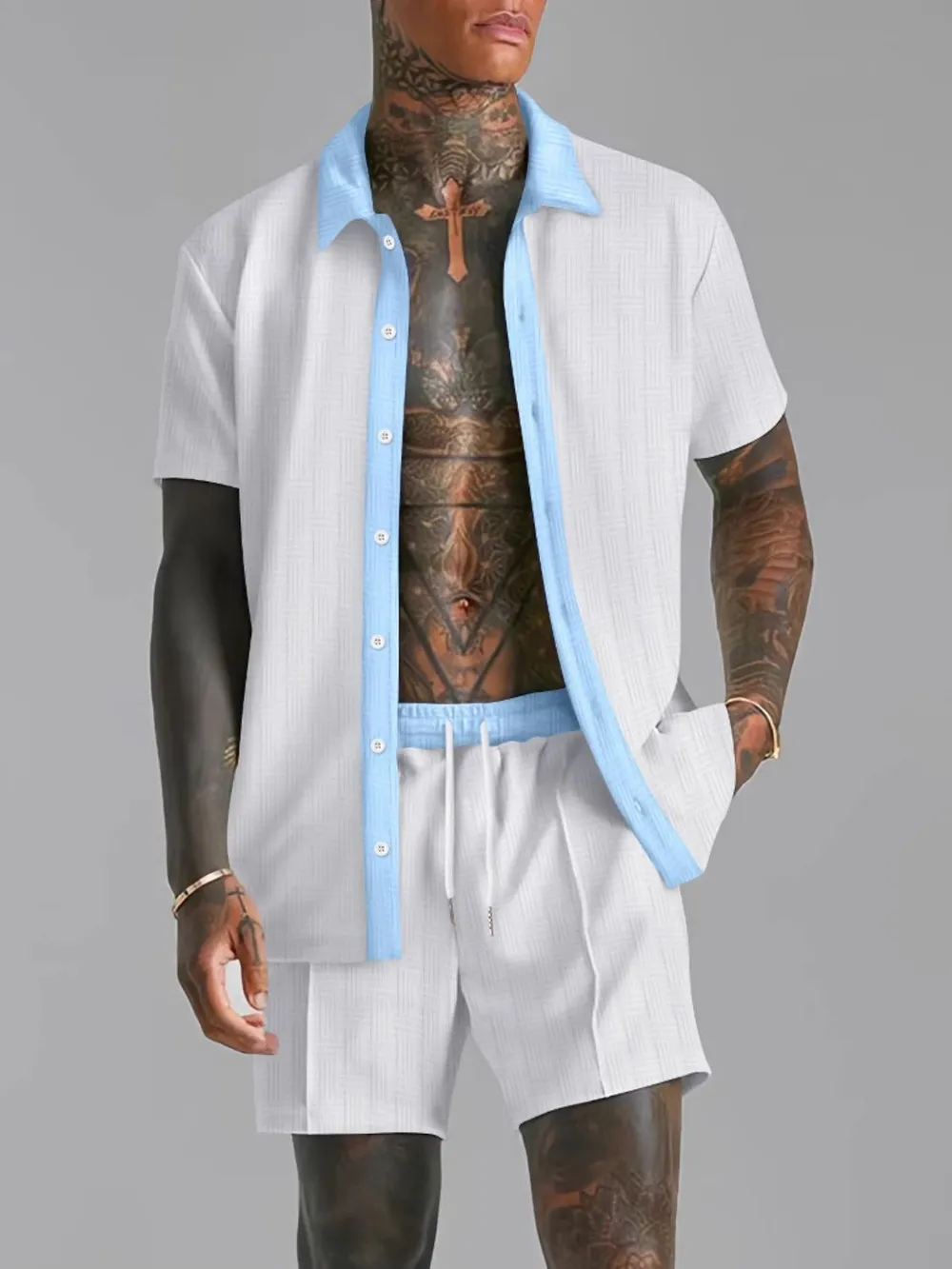 Men's Full Size Collared Neck Short Sleeve Top and Shorts Set Plus Size, image 3