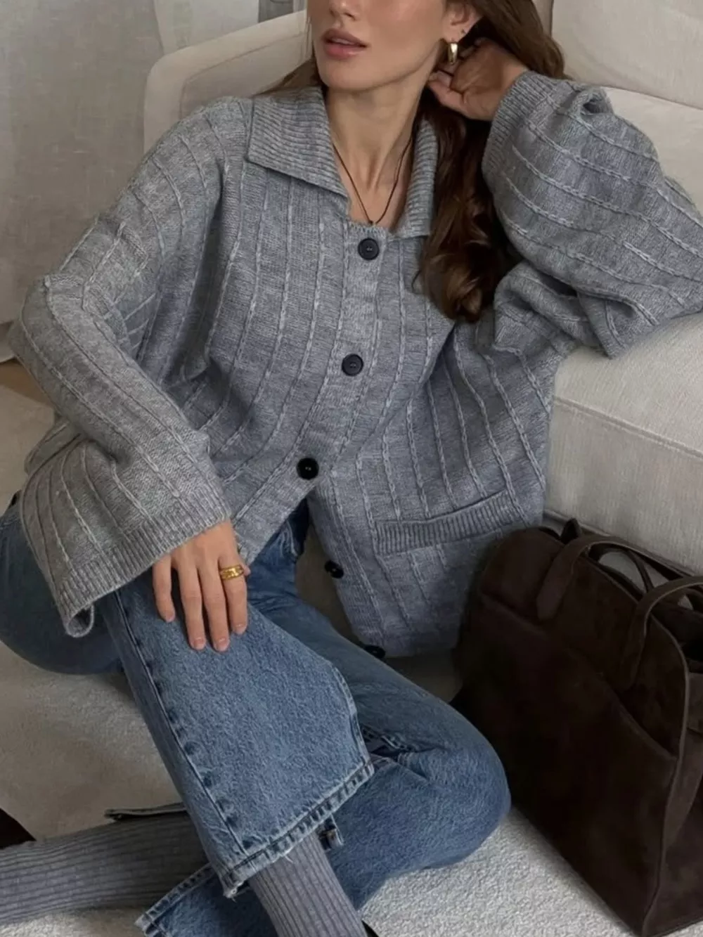 Texture Knit Cardigan with Wide Sleeves and Collar, image 2