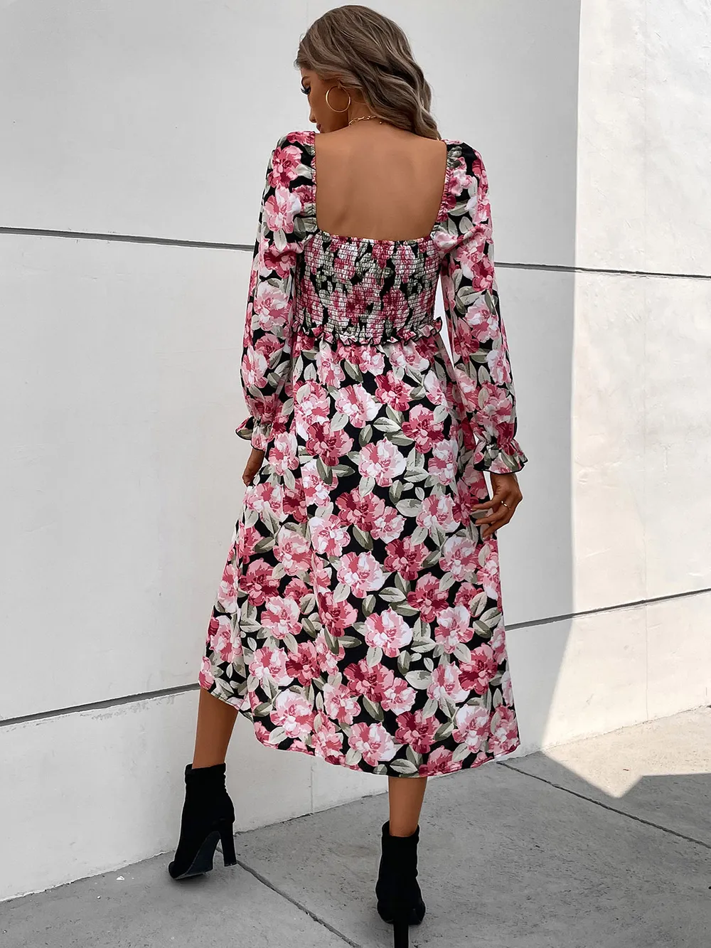 Slit Smocked Floral Flounce Sleeve Dress, image 4