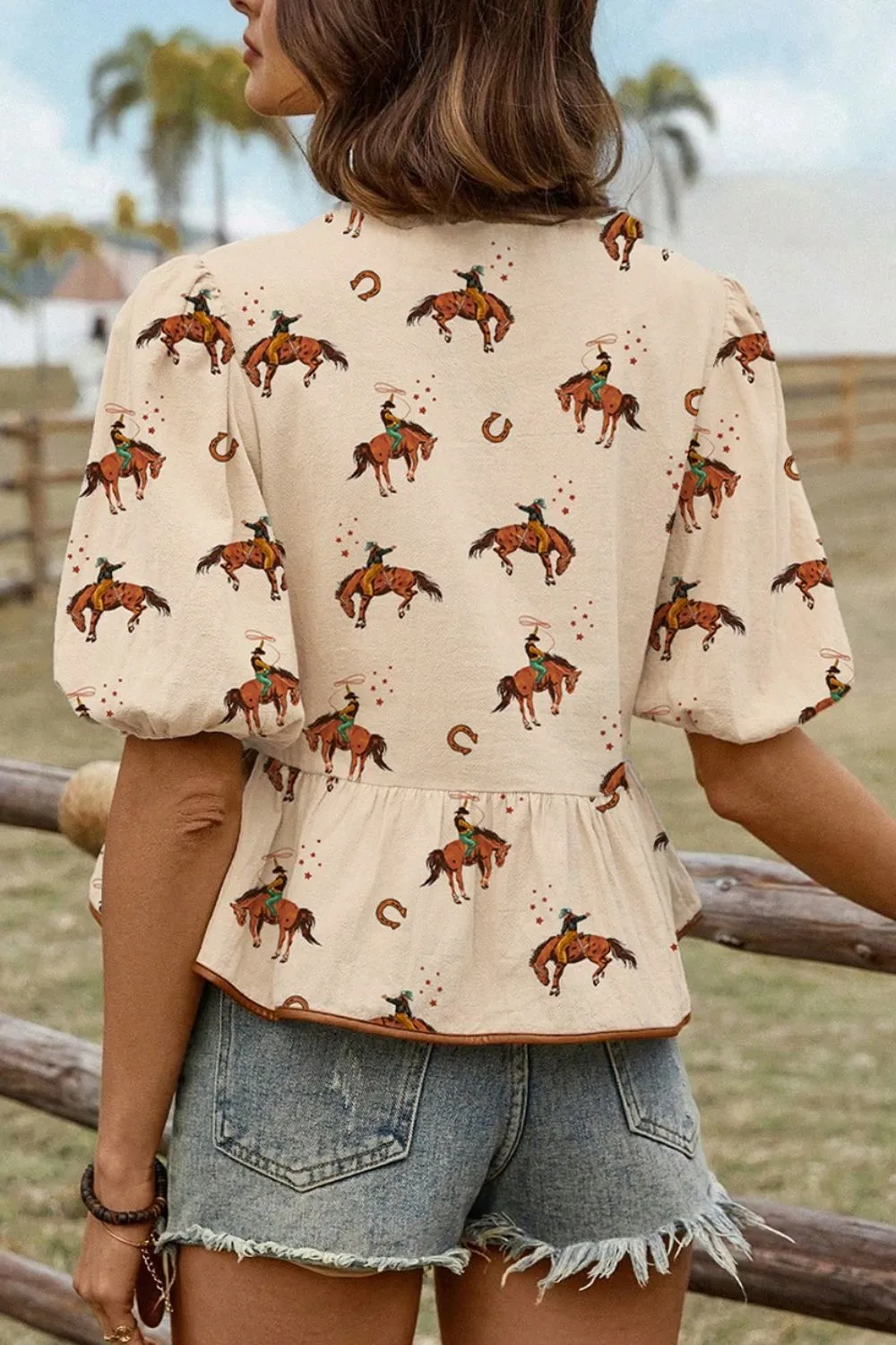 Horse Print Tie-Front Peplum Blouse, image 3
