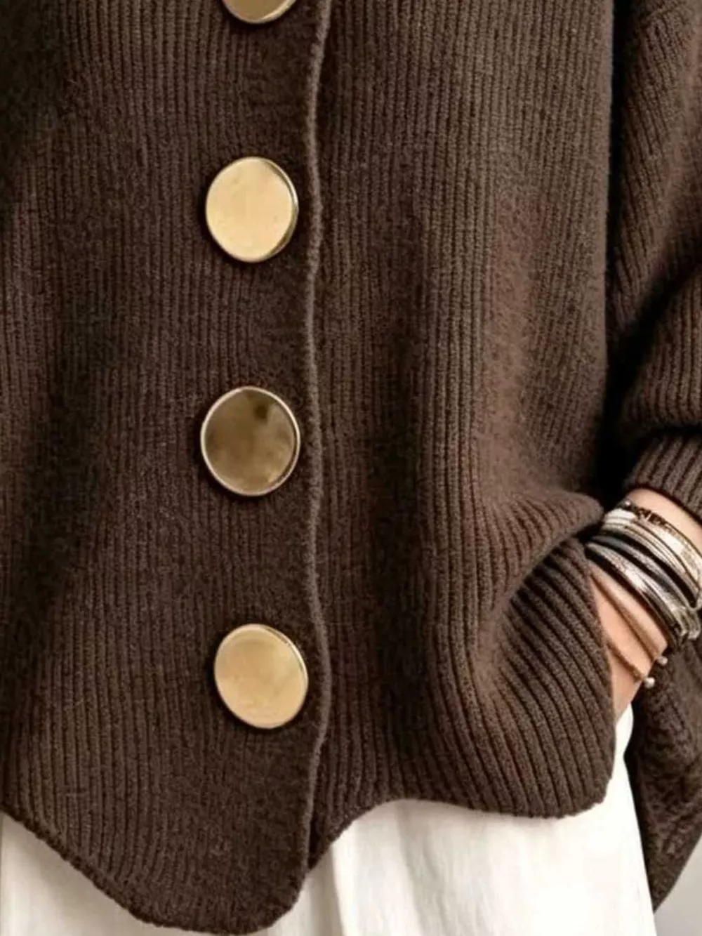 Full Size Ribbed Knit Gold Buttons Cardigan Plus Size, image 6