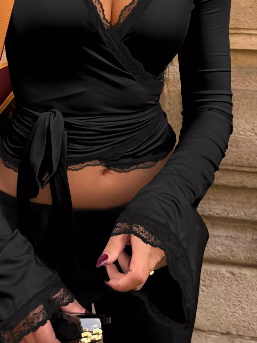 Lace Trim Wrap Front Long Sleeve T-Shirt, image 4