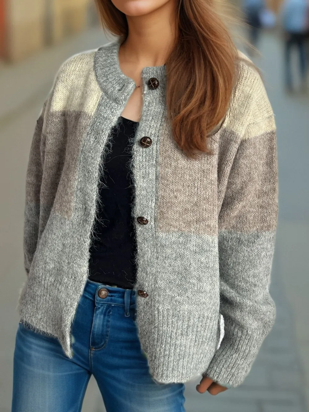 Color Block Round Neck Button Up Cardigan, image 13
