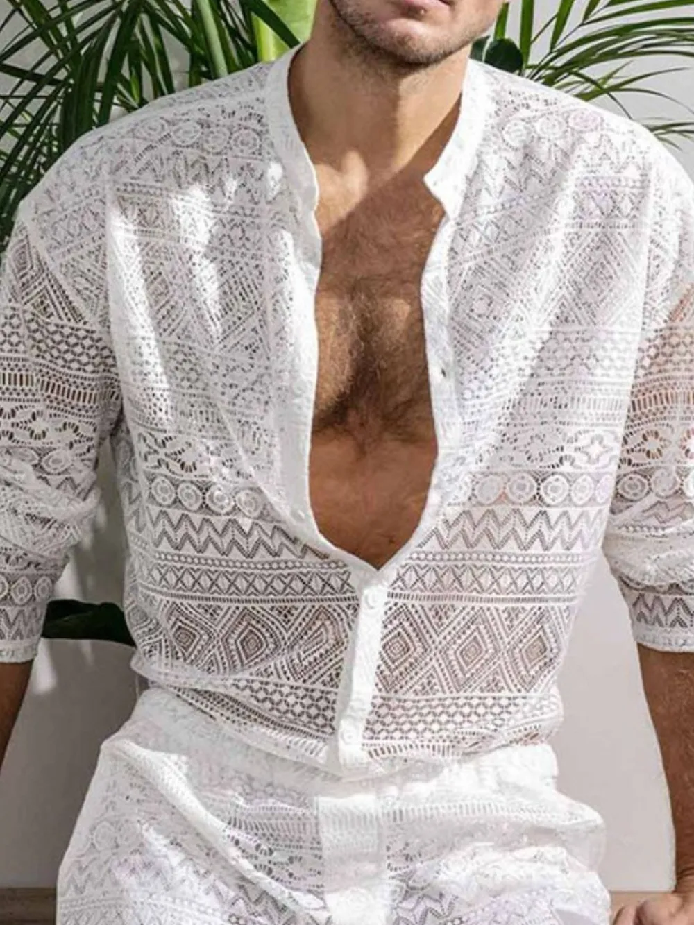 Men's Full Size Lace Button Down Top and Shorts Set Plus Size, image 3