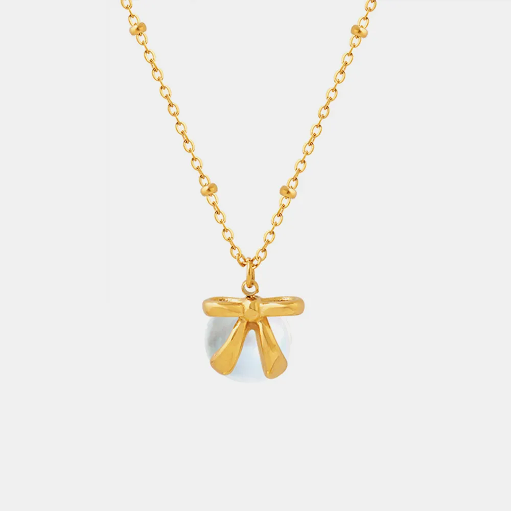 Titanium Steel Bow & Bead Pendant Necklace, image 5