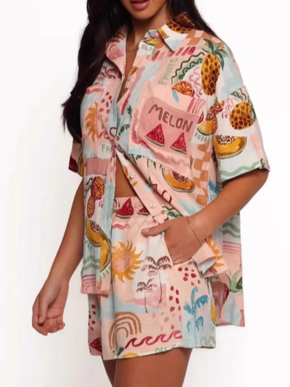 Printed Button Up Shirt and Shorts Set, image 4