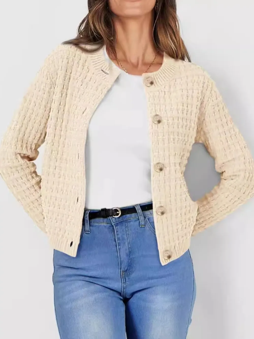 Button Up Round Neck Long Sleeve Cardigan, image 2