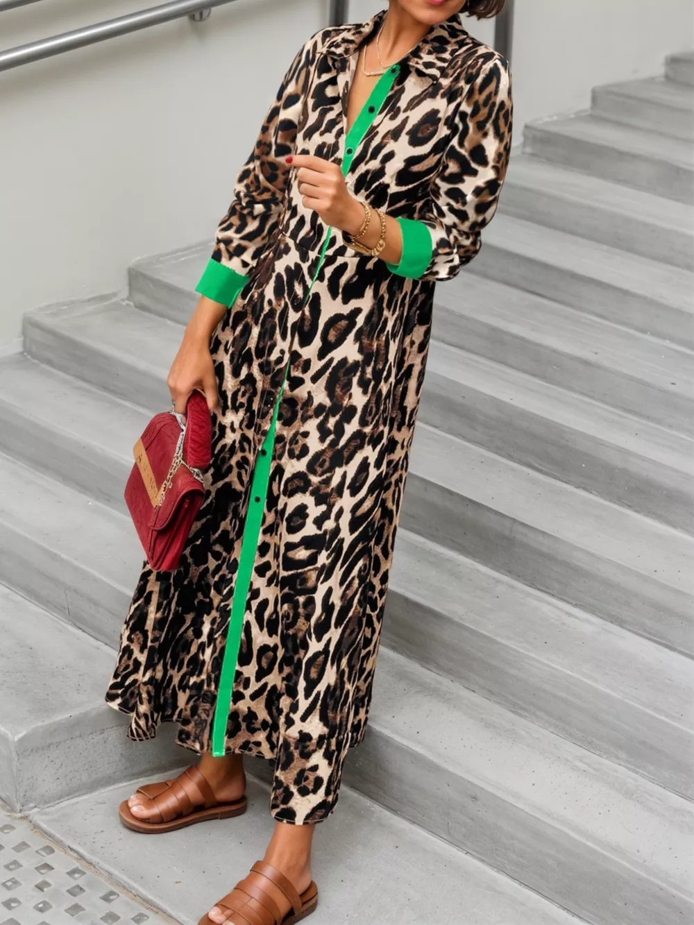 Leopard Print Long Sleeve Shirt Dress with Contrast Trim, image 11